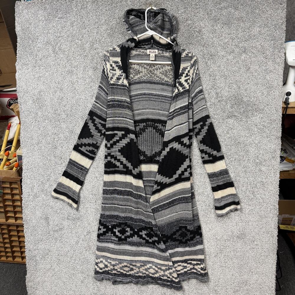 Mudd Cardigan Sweater Womens M Long Gray Black Hooded Knit Aztec Western Nomad